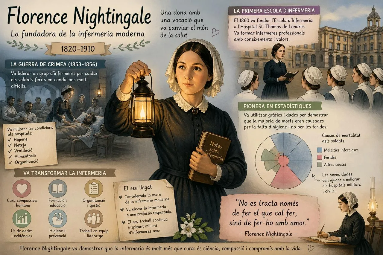 Infografia sobre Florence Nightingale: la seva vida, contribucions a la infermeria moderna, la Guerra de Crimea, l'Escola d'Infermeria de l'Hospital St. Thomas, el seu treball en estadístiques sanitàries i el seu llegat.